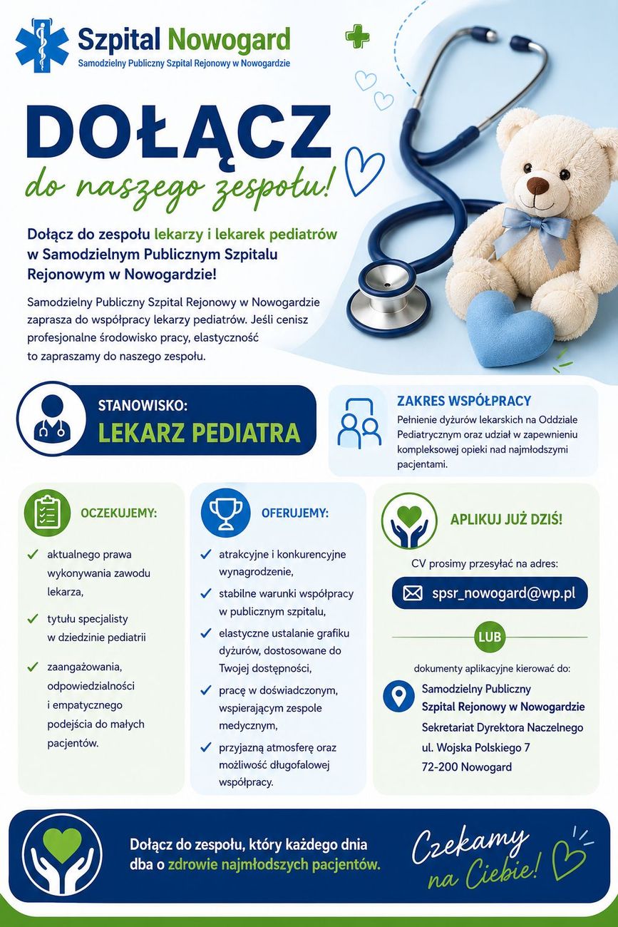 Dołącz do zespołu lekarzy i lekarek pediatrów w Samodzielnym Publicznym Szpitalu Rejonowym Nowogardzie!